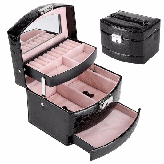 3-Layer Jewelry Box with Mirror and Makeup Storage