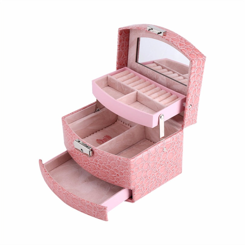 3-Layer Jewelry Box with Mirror and Makeup Storage