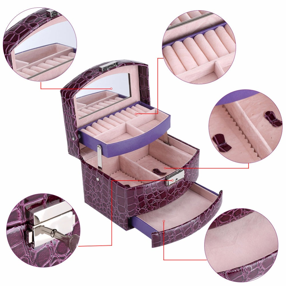 3-Layer Jewelry Box with Mirror and Makeup Storage