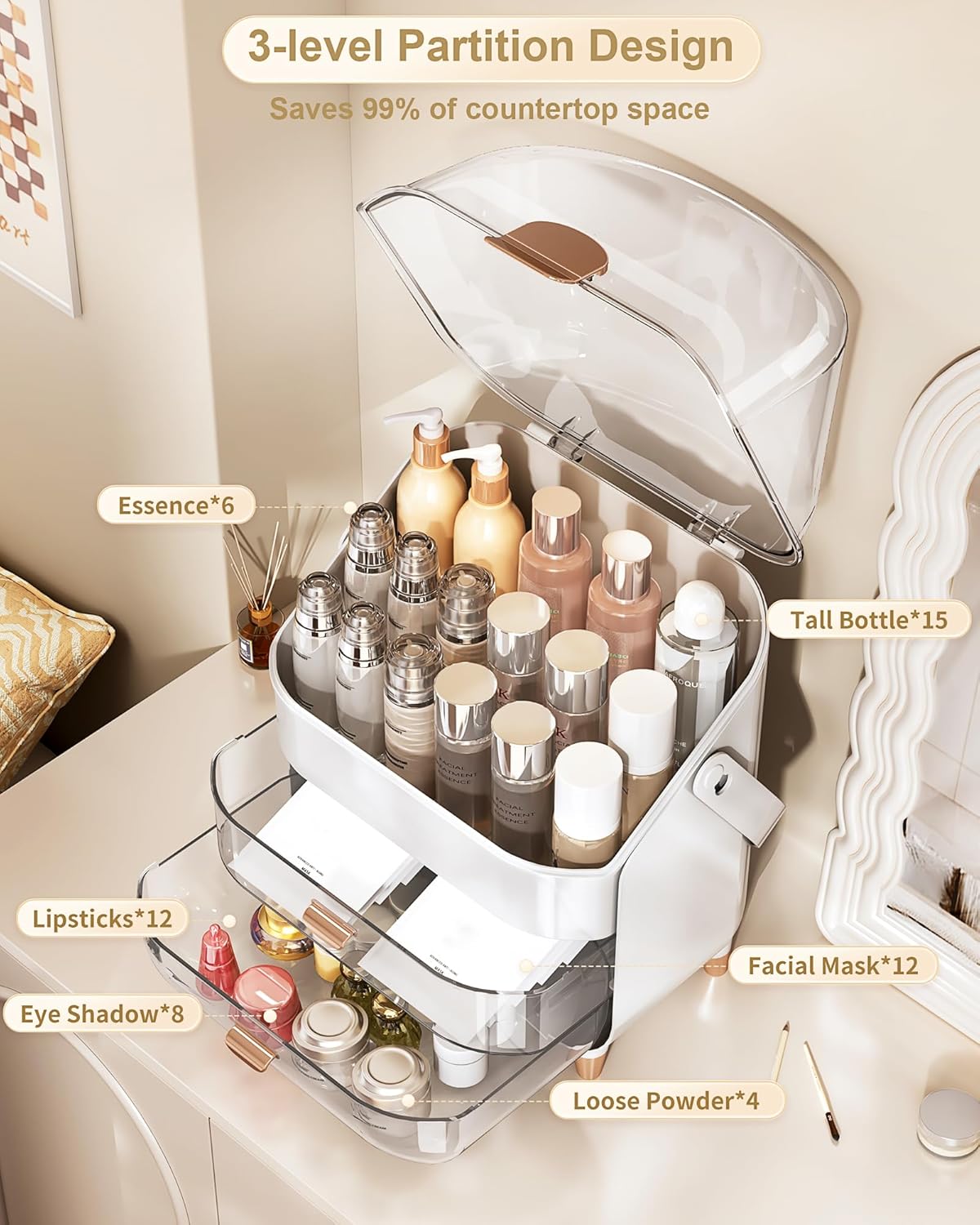 Makeup Organizer with Skincare Holder and Dustproof Cover